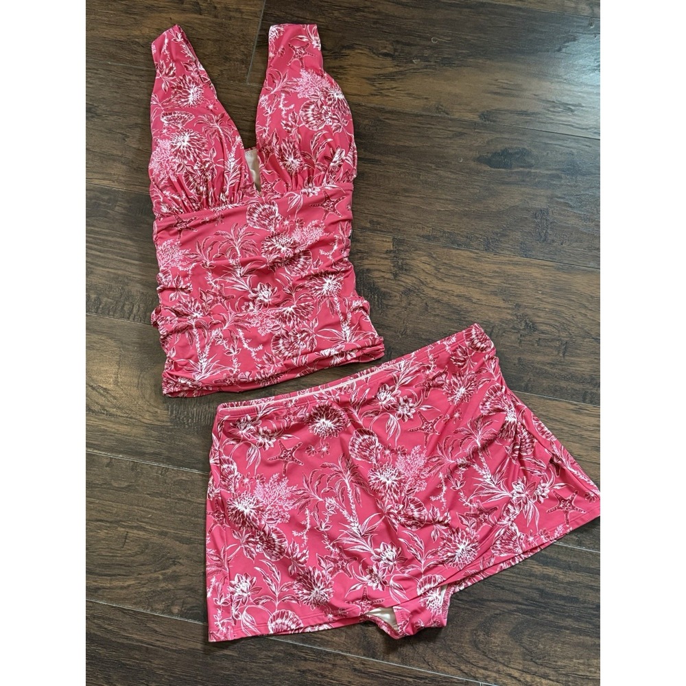 Garnet Hill Pink Tankini Swim Top & Skirt Ruched Sides Floral Paisley 12/14 - Picture 2 of 8